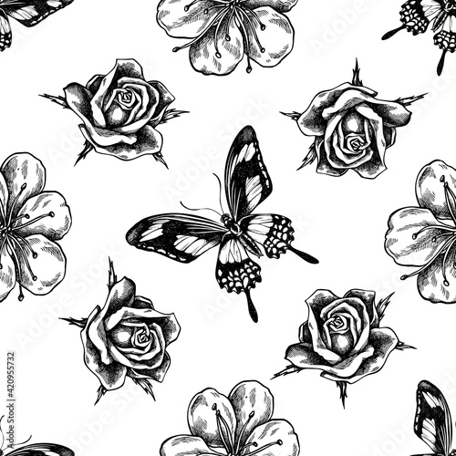 Seamless pattern with black and white sakura, papilio torquatus, roses
