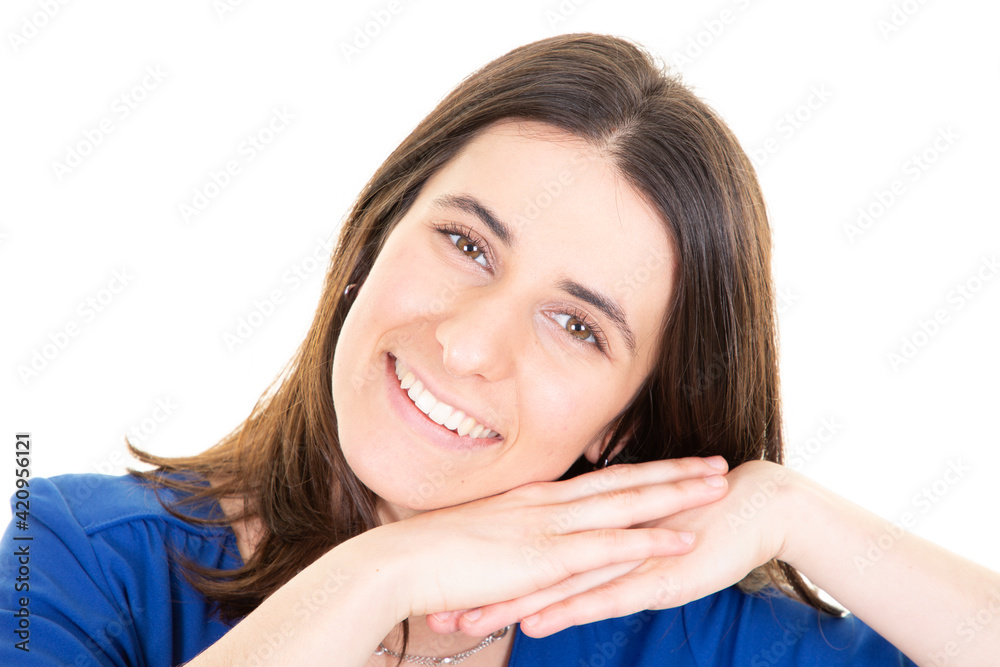 Pretty woman portrait smile joyful girl brunette hair looking with satisfaction at camera happy Pretty woman portrait smile joyful girl brunette hair looking with satisfaction at camera happy
