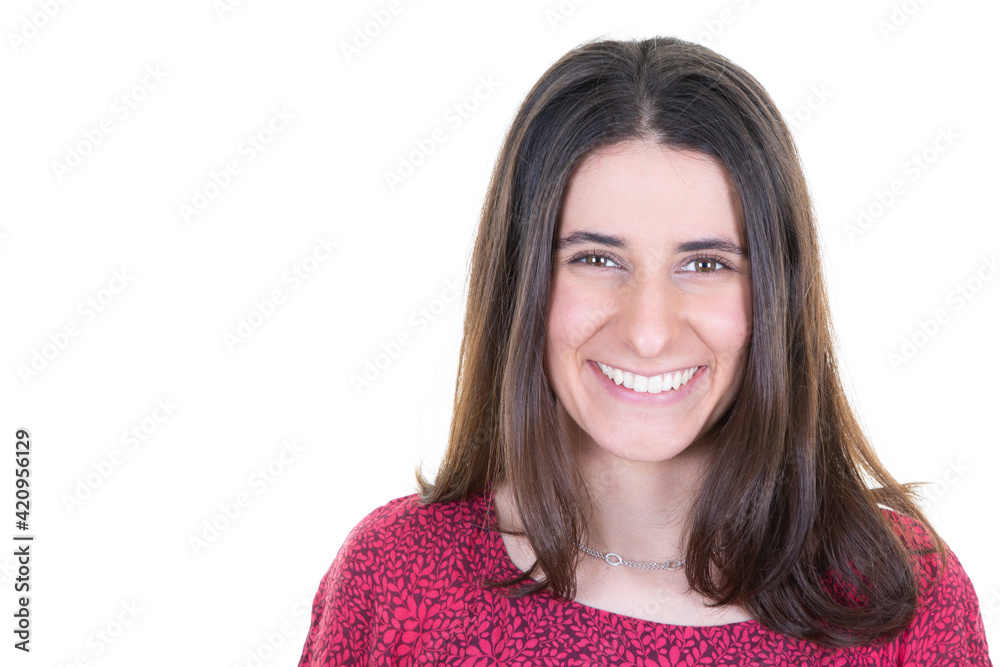 young pretty cheerful woman casual portrait in big smile posing in studio in white background with copy space young pretty cheerful woman casual portrait in big smile posing in studio in white background with copy space