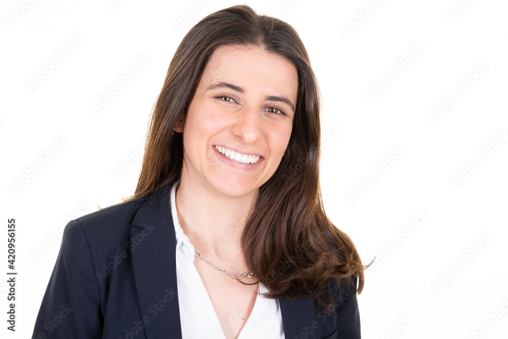 pretty young business woman brown hair in suit posing over white wall background pretty young business woman brown hair in suit posing over white wall background