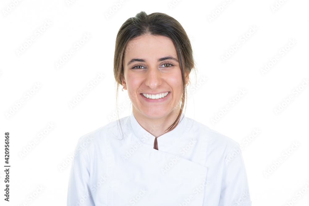 Confident young chef smiling woman portrait aside copy space white background Confident young chef smiling woman portrait aside copy space white background