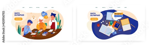 Math olympiad landing page design, website banner vector template set. Mathematics competition for students.