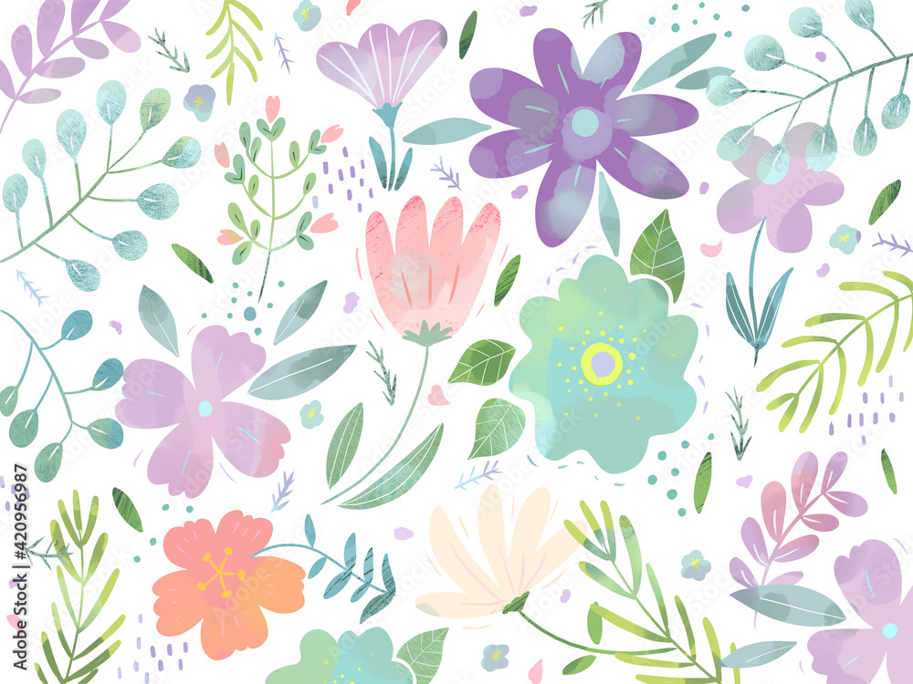 春の優しい色使いのオシャレな植物やお花の壁紙イラスト Stock イラスト Adobe Stock