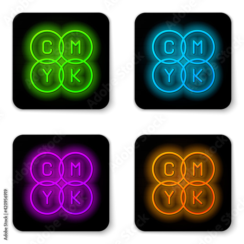 Glowing neon line CMYK color mixing icon isolated on white background. Black square button. Vector