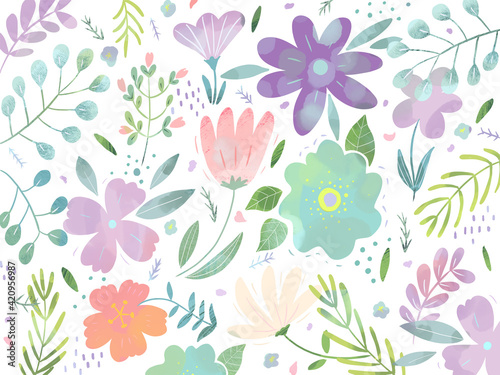 春の優しい色使いのオシャレな植物やお花の壁紙イラスト Stock イラスト Adobe Stock