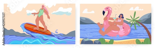 Tropical beach landing page design, website banner vector template set. Surfing, beach water activities, recreation. © Wanlee