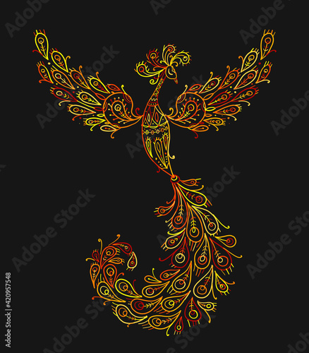 Firebird with a Majestic Tail. Phoenix Bird. Mythical character. Ornamental Silhouette for your design