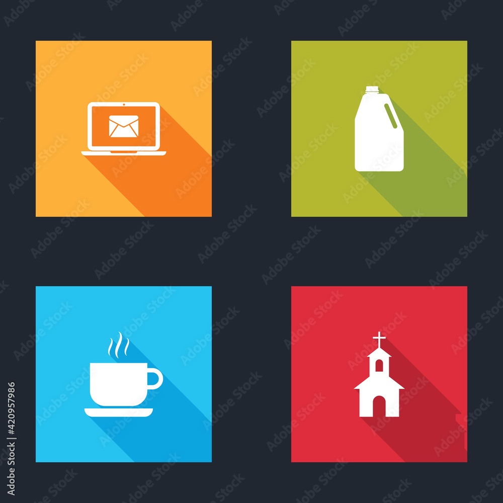 Set Laptop with envelope, Household chemicals bottle, Coffee cup and Church building icon. Vector Set Laptop with envelope, Household chemicals bottle, Coffee cup and Church building icon. Vector