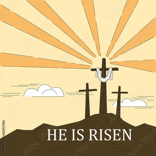 Christian cross on the religious holiday Easter. Text He Is Risen, celebrate the resurrection. Sketch doodle
