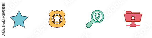 Set Star, Police badge, Search location and FTP cancel operation icon. Vector