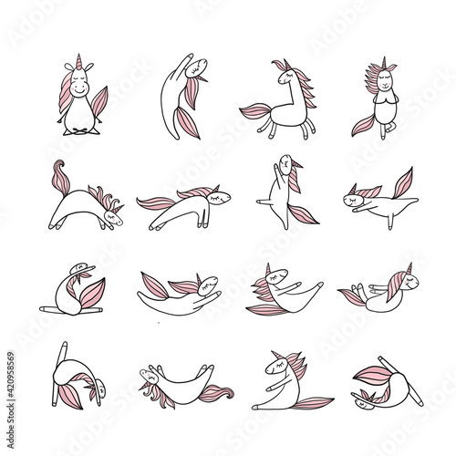 Funny Unicorns doing yoga. Collection for your design