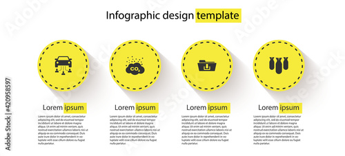 Set Car sharing, CO2 emissions cloud, Folder download and Aviation bombs. Business infographic template. Vector