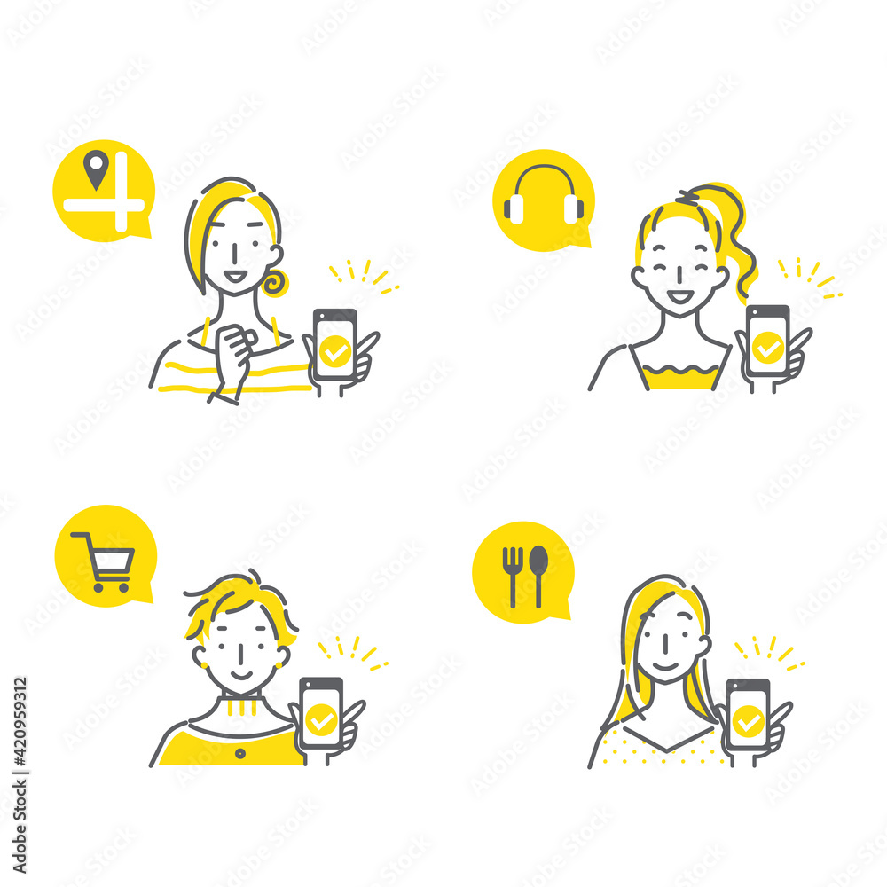 スマホを持って便利に生活する若い女性のシンプルでお洒落な線画イラストセット Stock Vector Adobe Stock スマホを持って便利に生活する若い女性のシンプルでお洒落な線画イラストセット Stock Vector Adobe Stock