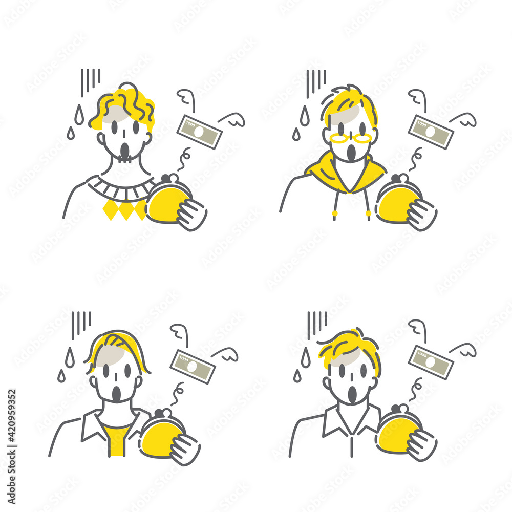 出費に悩まされる若い男性のシンプルでお洒落な線画イラストセット
