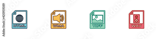 Set HTML file document, WMA, TIFF and WAV icon. Vector