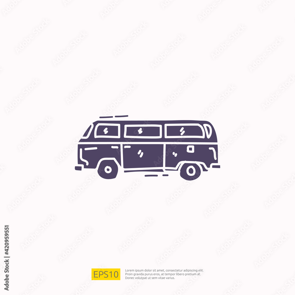 travel holiday tour and vacancy concept vector illustration. hippie van doodle silhouette glyph icon sign symbol