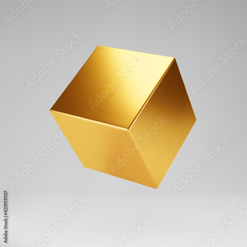 3d gold metallic cube isolated on grey background. Render a rotating glossy golden 3d box model in perspective with lighting and shadow. Realistic vector geometric shape