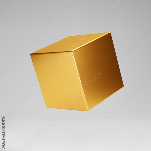 3d gold metallic cube isolated on grey background. Render a rotating glossy golden 3d box model in perspective with lighting and shadow. Realistic vector geometric shape