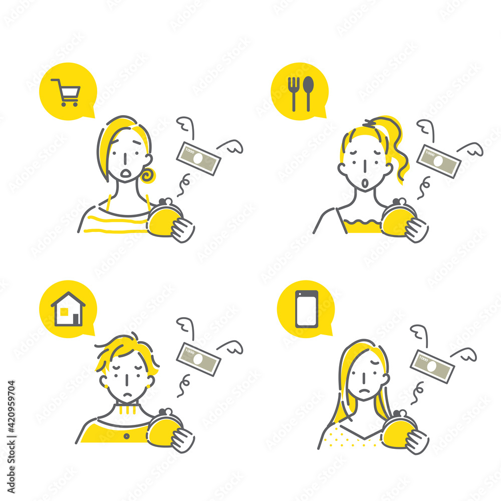 いろいろな出費に悩まされる若い女性のシンプルでお洒落な線画イラストセット
