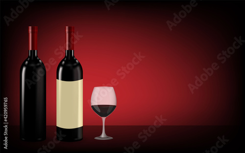 Wine bottle with glass. Wine bottle isolated with blank label for your text or logo. bottle of red wine mock up vector template. Bottle with colored liquid