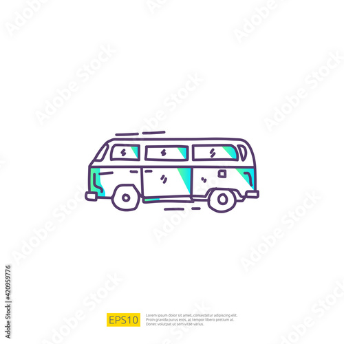 travel holiday tour and vacancy concept vector illustration. hippie van doodle gradient fill line icon sign symbol