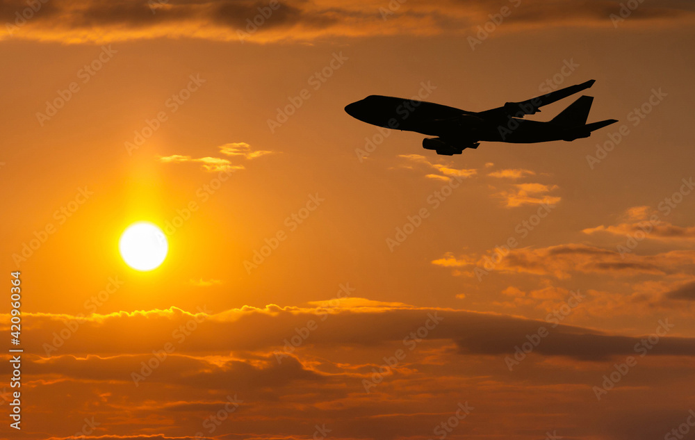 Airplane take off on a sunset. Airplane take off on a sunset.