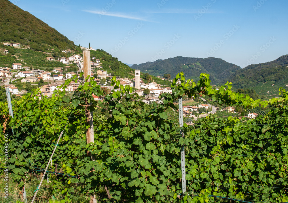 Picturesque hills with vineyards of the Prosecco sparkling wine region in Valdobbiadene, Italy.