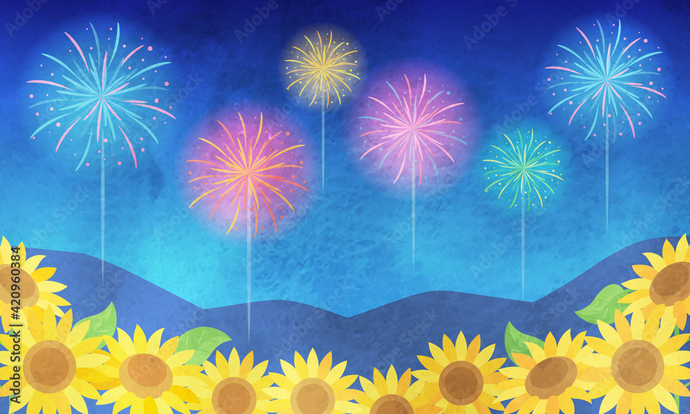 夏の花火とひまわりの水彩風ベクターイラスト風景 背景 Stock Vector Adobe Stock