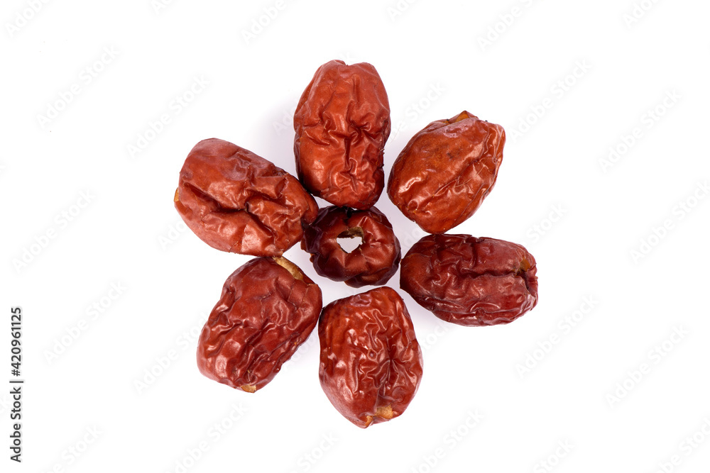 Dried jujube fruits isolated on white background.top view,flat lay. Dried jujube fruits isolated on white background.top view,flat lay.