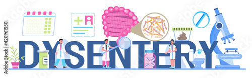 Dysentery concept vector for medical websites, blog, header. Intestine doctors examine, treat dysbiosis, give antibiotics. Tiny therapist of proctology