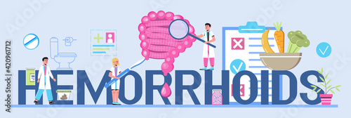 Hemorrhoids concept vector websites, blog, header. Intestine doctors examine, treat dysbiosis. Tiny therapist of proctology make colonoscopy. Drop of blood, diet plan, medical supplies