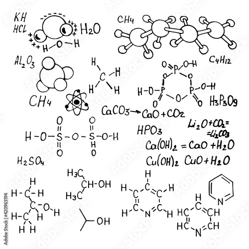 Chemical formula and outlines on whiteboard. Vector doodle set. Education background.	