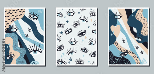 A set of three minimalistic bright posters. Abstract backgrounds for social networks, web design, interiors. Vintage funny illustrations with different shapes, eyes, eyelashes, doodles, dots, dashes.