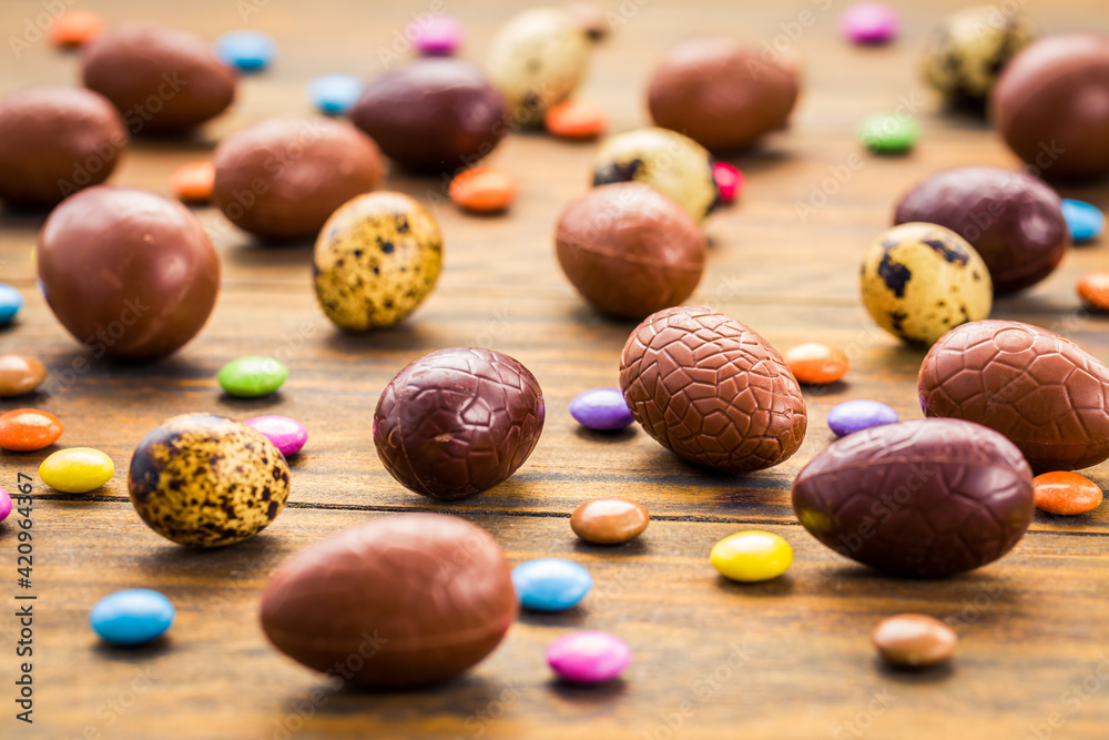 Sweet chocolate eggs and colorful sweets for Easter
