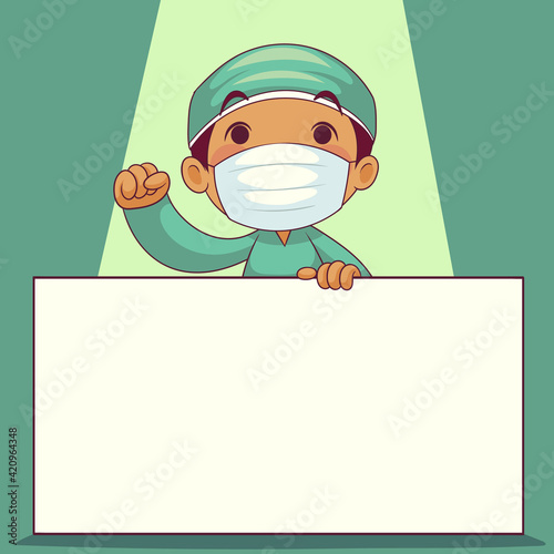 doctor wearing medical mask with whiteboard label cartoon character. COVID-19 outbreak medical staff. vector illustration.