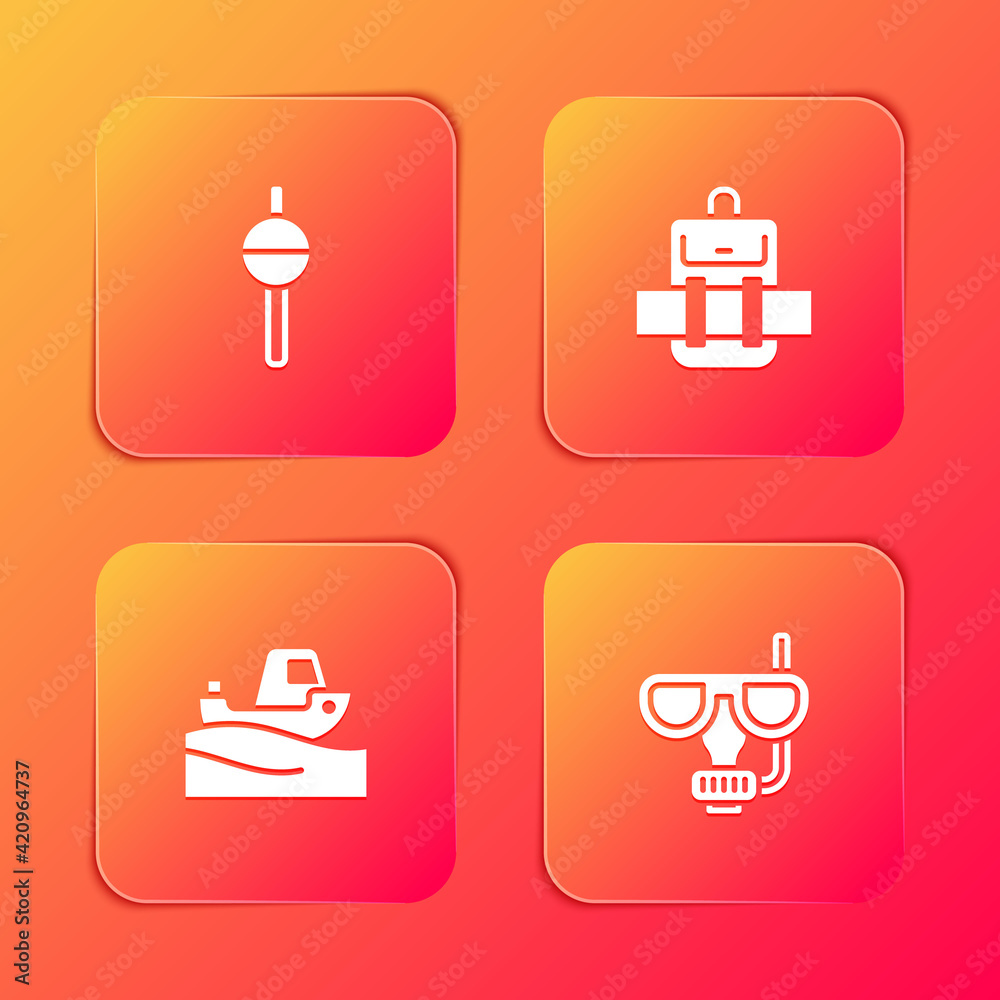 Set Fishing float, Hiking backpack, boat on water and Diving mask and snorkel icon. Vector Set Fishing float, Hiking backpack, boat on water and Diving mask and snorkel icon. Vector