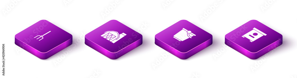 Set Isometric Garden pitchfork, Farm house, Bucket and Hive bees icon. Vector Set Isometric Garden pitchfork, Farm house, Bucket and Hive bees icon. Vector