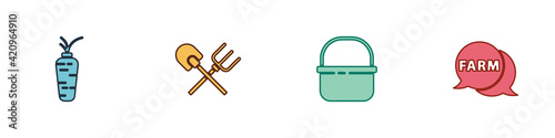 Set Carrot, Shovel and rake, Basket and Speech bubble with Farm icon. Vector