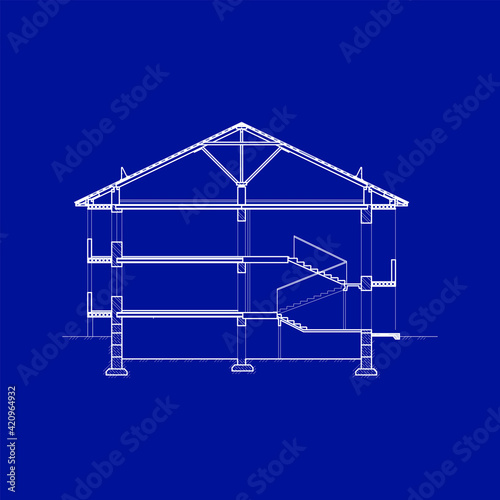 Detailed multi-storey building. Cross-section town house. Vector blueprint.