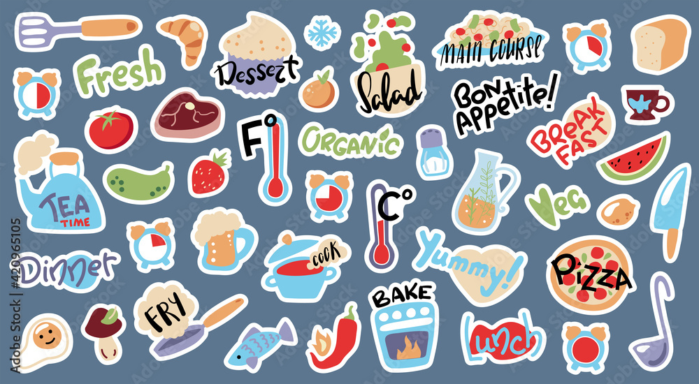 Food cooking stickers, vector illustration with white outline. Doodle objects and lettering stickers for cook book or recipe card. Kids cooking class activity. Temperature and cooking time icons