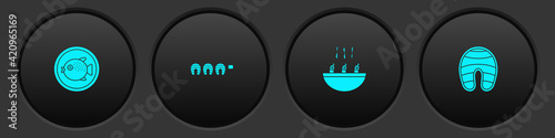Set Puffer fish on a plate, Grilled steak, Soup with shrimps and Fish icon. Vector