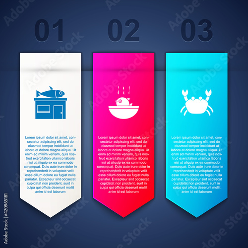 Set Seafood store, Puffer fish soup and Crab. Business infographic template. Vector