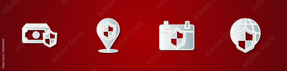 Set Money with shield, Location, Calendar and Shield world globe icon. Vector Set Money with shield, Location, Calendar and Shield world globe icon. Vector