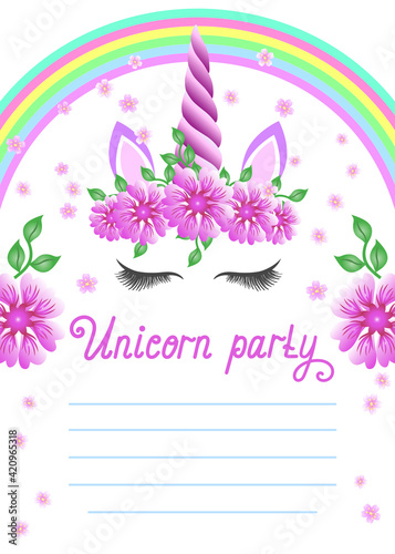 Baby Birthday Party Invitation. Fabulous Unicorn  Magical celebration invite. Fairy unicorn princess girl for magic party invitation design.