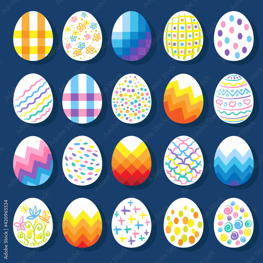 Happy Easter card. Collection of twenty decorative colorful eggs.Isolated on a dark blue background. Vector flat illustration.