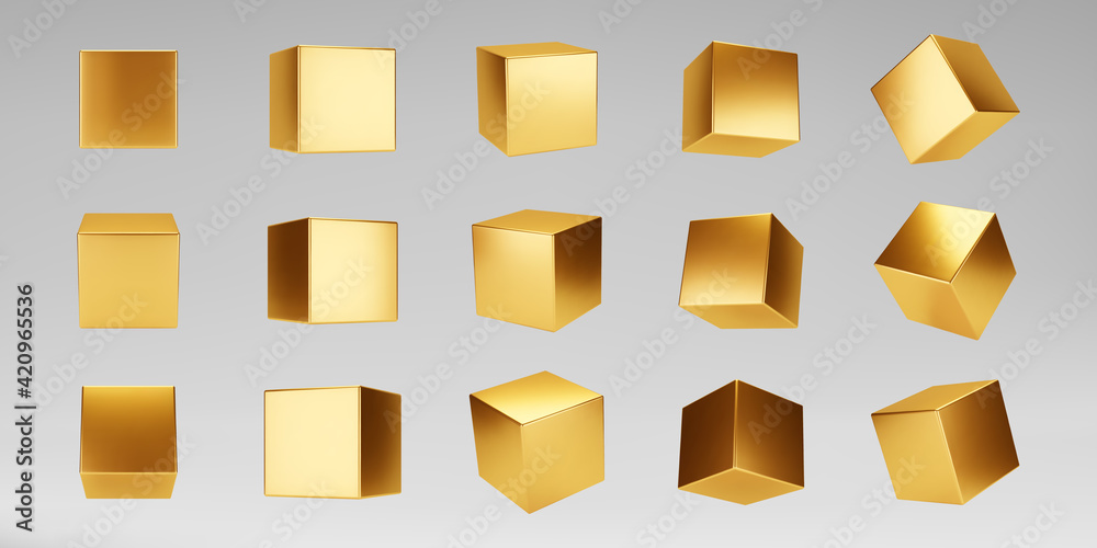3d gold metallic cubes set isolated on grey background. Render a rotating glossy golden 3d box model with different angles in perspective with lighting and shadow. Realistic vector geometric shapes - obrazy, fototapety, plakaty 