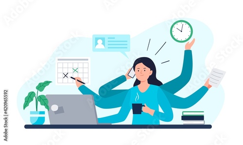 A Businesswoman Does All Work Tasks in Time. Multitasking, Time Management, and Productivity Concept. Vector Flat Illustration.