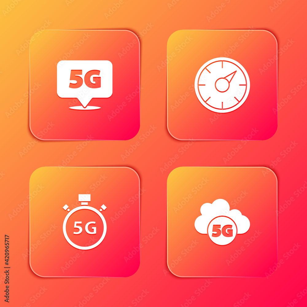 Set Location 5G network, Digital speed meter, and Cloud icon. Vector