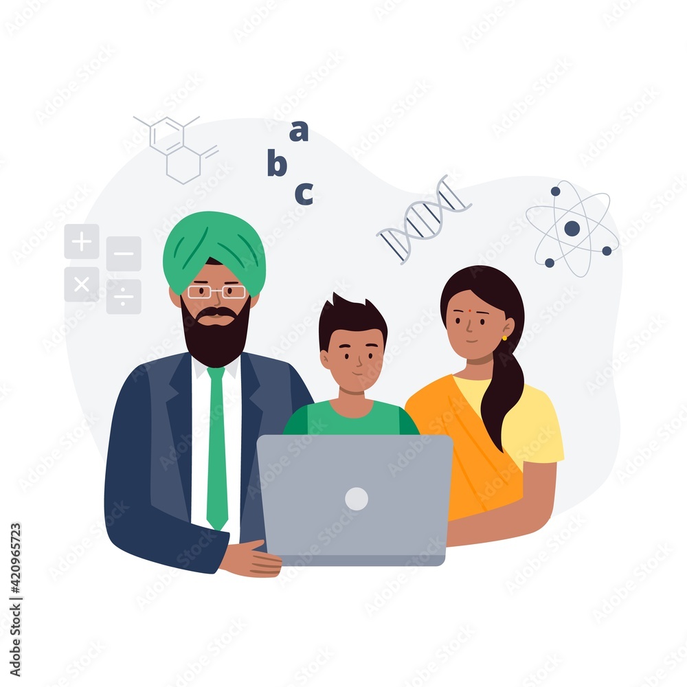 Study Together. An Indian Family Learning Online. Online Education, E-learning, Studying at Home, Tutorials. Vector Flat Illustration.