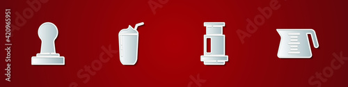 Set Coffee tamper, Milkshake, Aeropress coffee and pot icon. Vector